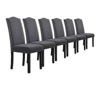 Yaheetech Lot de 6 Chaises de Salle à Manger en Tissu Haut Dossier Large Assise Confortable Ensemble de Chaises de Cuisine Pieds en Bois Massif Design Classique Garniture Boutons Bronzés Gris Foncé
