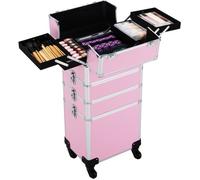 Yaheetech Mallette Valise à maquillage bijoux cosmétique Grande Professionnel 4 en 1 Verrouillable avec Roulettes Universelles Rose