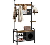 Yaheetech Porte-manteau avec Étagère à Chaussures, Meuble d’Entrée avec Banc, Crochets, Étagère et Niche Chat, 109 x 41,5 cm x 183,5 cm, Style Industriel Chat-Humain, pour Entrée, Couloir, Chambre