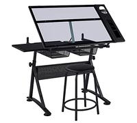 Yaheetech Table à Dessin Inclinable avec Tabouret Bureau pour Dessinateur Réglable avec Plateau en Verre et 2 Tiroirs de Rangement pour Maison Bureau École 141× 60 × 91 cm
