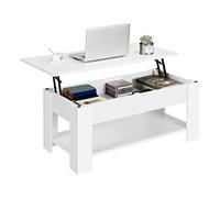 Yaheetech Table Basse avec Plateau Relevable Table de Salon Moderne avec Etagère de Rangement Compartiment Caché pour Salon Bureau 98 x 50 x 42 cm Blanc
