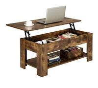 Yaheetech Table Basse avec Plateau Relevable Table de Salon Moderne avec Etagère de Rangement Compartiment Caché pour Salon Bureau 98 x 50 x 42 cm Brun