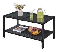 Yaheetech Table Basse de Jardin en Polyrotin avec Plateau en Verre Trempé Étagère Table d'Extérieur 92,5 × 50,5 × 47,5 cm Noir