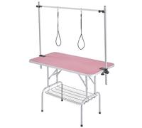 Yaheetech Table de Toilettage pour Chien/Chat/Animaux Réglable 118 x 60 x 177 cm avec Panier de Rangement en Maille Grande Surface Antidérapante et Double Sangle Table Pliante Rose