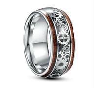 YAHOYA 10mm Carbure De Tungstène Bague Dôme en Acier Incrusté Grain De Bois Engrenage Motif Hommes Mode Bijoux De Mariage Meilleur Cadeau