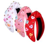 YAHPERN Lot de 3 bandeaux de Saint-Valentin pour femme - Rouge et rose - Bandeau de conversation en forme de cœur avec strass - Accessoires de cheveux pour la Saint-Valentin - Cadeaux de fête