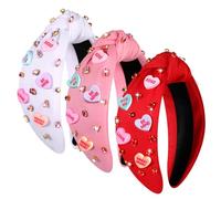 YAHPERN Lot de 3 bandeaux de Saint-Valentin pour femme - Rouge et rose - Bandeau de conversation en forme de cœur avec strass - Accessoires de cheveux pour la Saint-Valentin - Cadeaux de fête