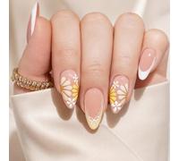 Yahusuhil Press on Nails, 24 Ongles à Coller Courts & Faux Ongles, Jaune Fleurs Nœud Été