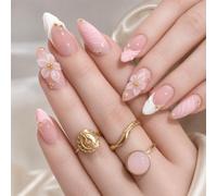 Yahusuhil Press on Nails, 24 pièces d'ongles à coller et faux ongles, Rose French Amande avec dentelle de fleurs et perles dorées