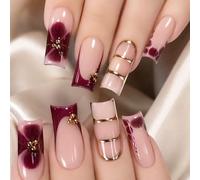 Yahusuhil Press on Nails, 24 pièces d'ongles à coller & Faux Ongles, French Coffin Bordeaux avec Fleurs et Perles Dorées