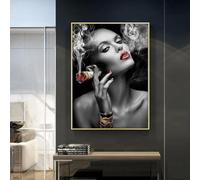 YAJNILUCK Peinture sur toile moderne noir blanc femme qui fume sur l'affiche imprime un tableau d'art mural rétro pour la décoration du salon de la maison 50x70 cm (20x28 pouces) avec cadre