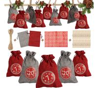 Yakimz 24 Calendriers de l'Avent à remplir, Calendrier de l'Avent Sacs en tissu avec 1-24 sacs en toile de jute,Rouge/Gris