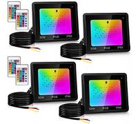 Yakimz 4pcs 50W RGB projecteur changement de couleur, LED projecteur extérieur avec télécommande, 16 couleurs 4 modes IP66 étanche projecteur extérieur fonction mémoire pour jardin garage arbre
