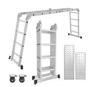 Yakimz Échelle multifonction en aluminium avec plateforme 4 x 4 - 4,7 m - Échelle pliante - Jusqu'à 150 kg - Échelle de travail simple - Échelle domestique avec 2 roulettes - Argenté