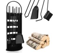 Yakimz Ensemble de cheminée 5 pièces comprenant un balai, une pelle à cendres, un tisonnier, une pince et un support avec protection visuelle