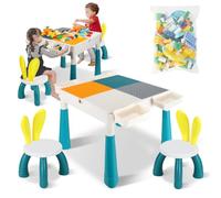 Yakimz Set de table d'activité 7 en 1 pour enfants, table avec 2 chaises, table de jeu avec 251 blocs de construction, blocs de construction multifonctions réglables en hauteur