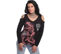 Yakuza Femme Style Fleur Cut-Out Manches Longues Col en V T-shirt, Noir, S