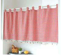 Yaland Élégant rideau à passants, à carreaux, avec bords boules, style maison de campagne, bistrot, avec embrasses, (H x l) 60 x 100 cm, rouge, 1 pièce