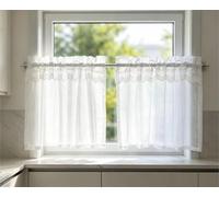 Yaland Lot de 2 rideaux courts aspect lin avec bordure en dentelle semi-transparent style maison de campagne avec 2 possibilités de suspension pour fenêtre de cuisine, fenêtre de salle de bain et