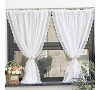Yaland Rideau brise-bise aspect lin avec bord ondulé délicat en dentelle pour cuisine, salon, balcon, style maison de campagne, 1 pièce, blanc, l x H 200 x 160 cm