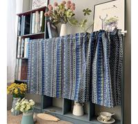 Yaland Rideau brise-bise aspect lin avec motif bohème vintage - Style maison de campagne - Avec cordon de serrage - Opaque - 1 pièce - Bleu - H x l : 50 x 140 cm