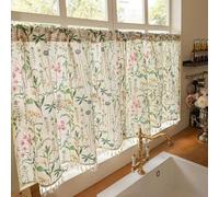 Yaland Rideau brise-bise de style maison de campagne avec aspect lin avec motif floral et bord inférieur à franges, opaque, avec cordon de serrage, 1 pièce, H x l : 60 x 200 cm