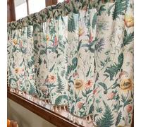 Yaland Rideau brise-bise de style maison de campagne avec aspect lin avec motif floral et bord inférieur à franges, opaque, avec cordon de serrage, 1 pièce, H x l : 45 x 180 cm