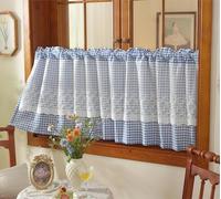 Yaland Rideau brise-bise double couche à carreaux avec broderie en dentelle semi-perméable - Style maison de campagne - Brise-vue - Pour cuisine et salon - Bleu - 45 x 150 cm - 1 pièce