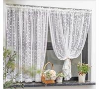 Yaland Rideau brise-bise en jacquard style maison de campagne avec motifs de fines rayures et fleurs - Rideau brise-bise avec tringle - 1 pièce - Blanc - 100 x 100 cm