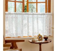 Yaland Rideau brise-bise jacquard avec motif délicat de feuilles perforées brodées avec passe-tringle - Brise-vue - Pour la cuisine - 1 pièce - Blanc - H x l : 60 x 90 cm