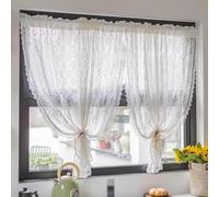 Yaland Rideau brise-bise jacquard style maison de campagne avec motif floral aspect dentelle translucide avec cordon de serrage pour la cuisine, le salon, 1 pièce, H x l : 130 x 140 cm