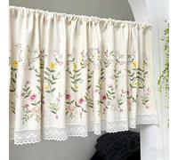 Yaland Rideau court aspect lin avec broderie florale et bordure en dentelle avec broderie style maison de campagne avec passe-tringle pour cuisine, fenêtre, salle de bain (H x l x l) 50 x 120 cm