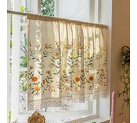 Yaland Rideau court aspect lin avec broderie florale et bordure en dentelle avec broderie style maison de campagne avec passe-tringle pour cuisine, fenêtre, salle de bain (H x l x l) 50 x 120 cm