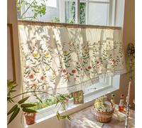Yaland Rideau court aspect lin avec broderie florale et bordure en dentelle avec broderie style maison de campagne avec passe-tringle pour cuisine, fenêtre, salle de bain (H x l x l) 40 x 70 cm - Rose