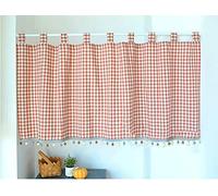 Yaland - Rideau élégant à anneaux avec motif carreaux - Gardine de cuisine à carreaux - Rideau brise-bise avec bordure à boules - Style campagne - Rideau bistro avec tringle (HxL 60x80 cm, orange) - 1