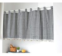 Yaland - Rideau élégant à anneaux avec motif carreaux - Gardine de cuisine avec perles - Rideau de style campagne - Rideau brise-bise avec tringle (HxL 80x80 cm, noir) - 1 pièce