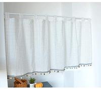 Yaland - Rideau élégant à anneaux en carreaux - Gardine de cuisine à carreaux - Rideau brise-bise avec bordure à boules - Style campagne - Rideau de bistrot avec tringle (HxL 100x100 cm, Blanc) - 1