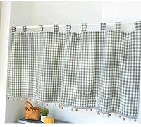 Yaland - Rideau élégant à anneaux en carreaux - Gardine de cuisine avec bordure à boules - Style campagne - Rideau bistro avec tringle à rouleau (HxL 60x80 cm, vert) - 1 pièce