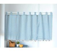 Yaland Rideau élégant à carreaux, rideau de cuisine, rideau brise-bise avec bords à boules style maison de campagne avec embrasses (Hxl), 60 x 80 cm, bleu)