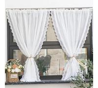 Yaland Rideau frange effet lin avec délicat bord ondulé en dentelle pour cuisine, salon, balcon, style maison de campagne, 1 pièce, blanc, largeur 80 x 100 cm