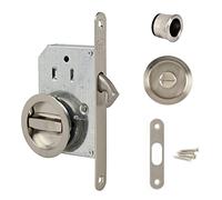 Yale Kit Serrure pour Porte Coulissante - Serrure à condamnation et Poignées cuvettes rondes encastrables - Ø intérieur poignées 48 mm - Acier finition nickelé brossé, Inclus tire-doigt, gâche, vis