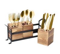 Yallmie 3 Compartiments Porte Couverts en Bois, Porte Ustensiles de Cuisine, Rangement Ustensiles Cuisine en Bois avec Support Métallique, Pot Ustensiles Bois Organisateur de Couverts