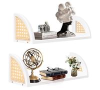 Yallmie Lot De 2 éTagèRe Murale en Rotin, EtagèRes Flottantes Murale Decoration Mural Boheme Etagere Bibliotheque Murale Enfant éTagèRes De Rangement Mural pour Salon, Chambre à Coucher (Blanc)