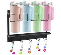 Yallmie Porte Gobelet Magnetique Frigo, 4 Compartiments Support Bouteille Magnétique Avec 5 Supports à Crochets, 44x11x29,5cm Etagere Magnetique Frigo Pour 20/30/40oz Gobelet pour Cuisine, Salon