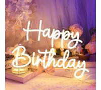 YALLOVE Panneau lumineux néon blanc « Happy Birthday » de 40 x 30 cm avec boîtier de piles, luminosité réglable, panneau mural néon à intensité variable, panneau mural néon pour fête d'anniversaire