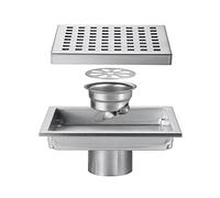 Yalsfowe Caniveau de douche en acier inoxydable, Drain de douche carré 150 x 150 mm, bonde douche avec grille amovible, passoire à cheveux, siphon de sol anti-odeurs,Brushed nickel