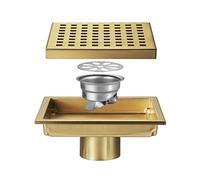 Yalsfowe Caniveau de douche en acier inoxydable, Drain de douche carré 150 x 150 mm, bonde douche avec grille amovible, passoire à cheveux, siphon de sol anti-odeurs,Brushed gold