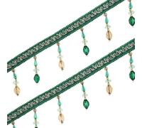 Yalulu Frange de perles de cristal de 4 m - Bordure de franges à suspendre - Ruban adhésif avec pompons pour rideaux et tissus (vert)