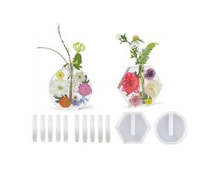 Yalulu Lot de 2 moules à fleurs en silicone - Station de multiprise - Moules en résine - Avec 10 tubes à essai - Pour plantes hydroponiques, décoration de la maison, du bureau