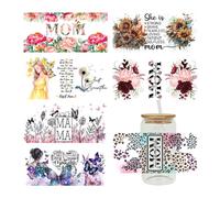 Yalulu Lot de 7 feuilles d'autocollants de transfert UV DTF, Maman Rub on Stickers esthétiques pour tasses en verre imperméables Autocollants de transfert de film transparent Papier de transfert